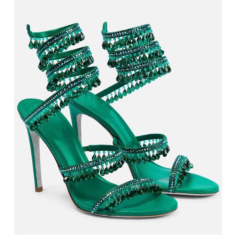Ankle Strap Heels - Seksi Yeşil Kristal Saçaklı Stiletto Sandalet