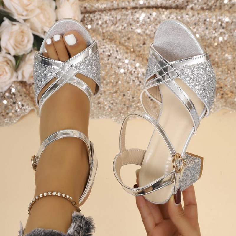 Ankle Strap Heels - Kadın Blok Topuklu Sandalet Altın Işıltılı