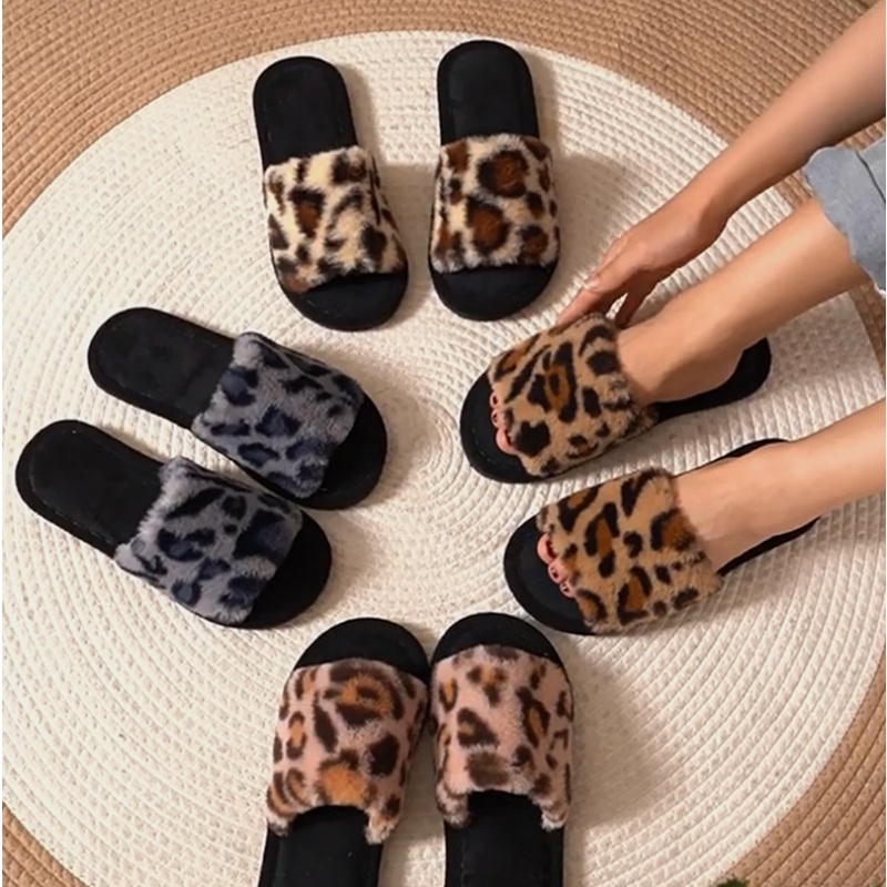Fluffy Fur Slipper - 2025 Kışlık Sıcak Tüylü Leopar Desenli
