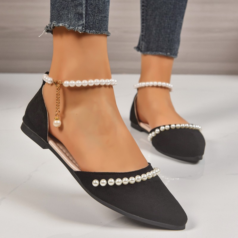 Ankle Strap Heels - İnci Detaylı Sivri Burunlu Babetler Süet